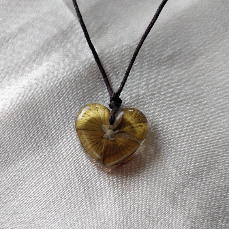 Golden Hydrangea Pendant Heart Real Flower Resin Handmade Cord Necklace