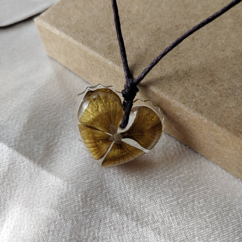Golden Hydrangea Pendant Heart Real Flower Resin Handmade Cord Necklace