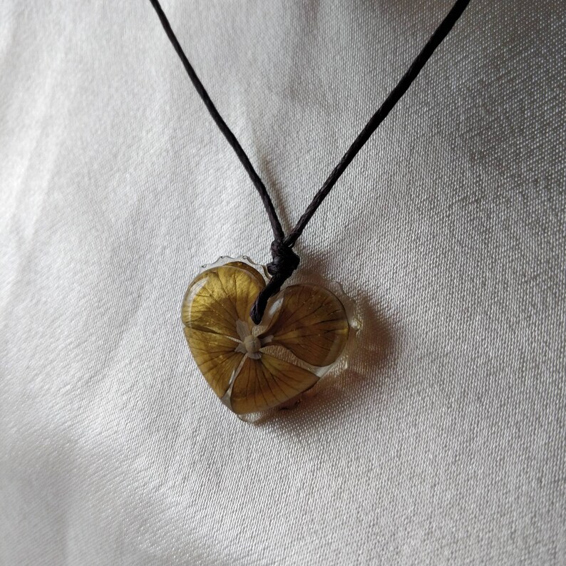 Golden Hydrangea Pendant Heart Real Flower Resin Handmade Cord Necklace