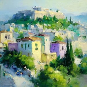 May include: An impressionistic painting of a cityscape featuring buildings with colorful facades and green foliage. The Acropolis is visible in the background, painted in soft, muted tones. The artwork evokes a sense of warmth and tranquility.