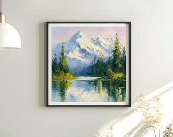 Mountain lake oil Painting, landscape painting, Home decor, impasto, Wall art