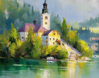 Lake Bled oil Painting, Slovenia, Home decor, Wall Art, Original painting, travel