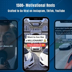 May include: Three images on a phone screen showing motivational quotes and images of luxury cars and a large house. The text on the middle image reads "Want to live like a MILLIONAIRE? *Then LISTEN UP*"