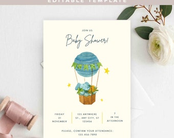 Editable Baby Shower Invitation Card: Blue Elephant Parachute Balloon Theme - Digital Download