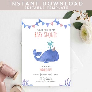 May include: A blue and white baby shower invitation with a watercolor illustration of a whale wearing a party hat. The text reads "Please join us for Baby Shower Honoring Marcelo Test Saturday, October 10, 2024 at 3 pm 123 Anywhere St., Any City, ST 12345 RSVP to Olivia 123-456-7800"