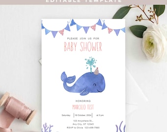 Blue Whale Editable Baby Shower Invitation Card Boys | Printable Invite Template for Canva, Boy Invitation set