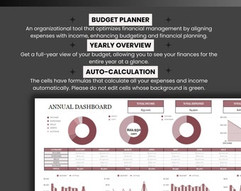 Organize Finances Effortlessly! Annual Budget Planner for Google Sheets - Auto-Calculation, Colorful Charts, Easy-to-Use Budgeting Tool