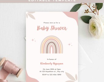 Canva Editable Baby Shower Invitation Card: Rainbow Pink Boho style - Digital Download
