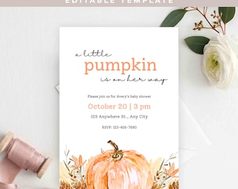 Canva Editable Baby Shower Invitation Card: "A Little Pumpkin is on Her Way" - Digital Download