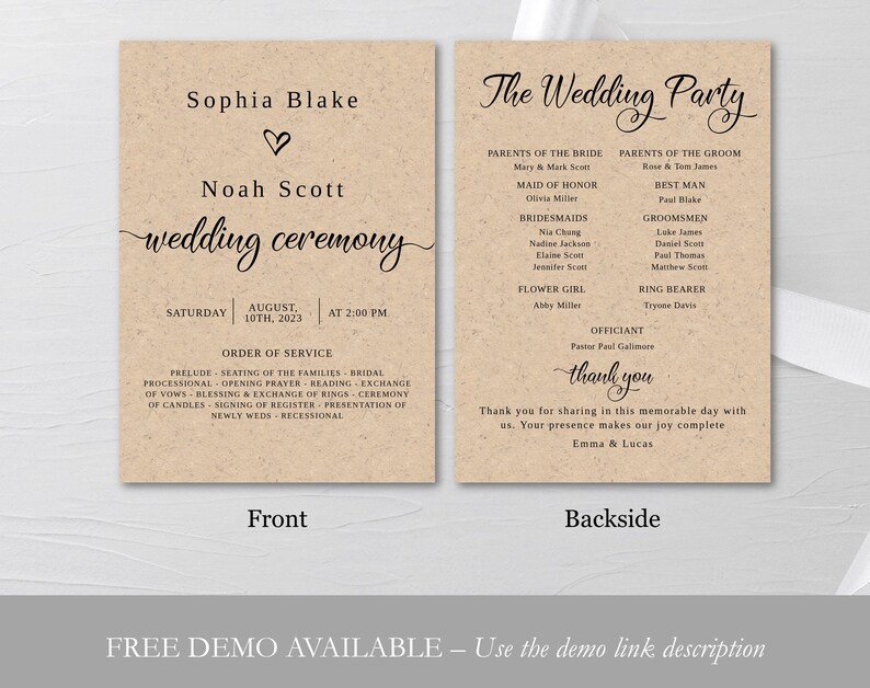 Rustic Wedding Program Template: Editable Ceremony Order (Digital Download) image 2