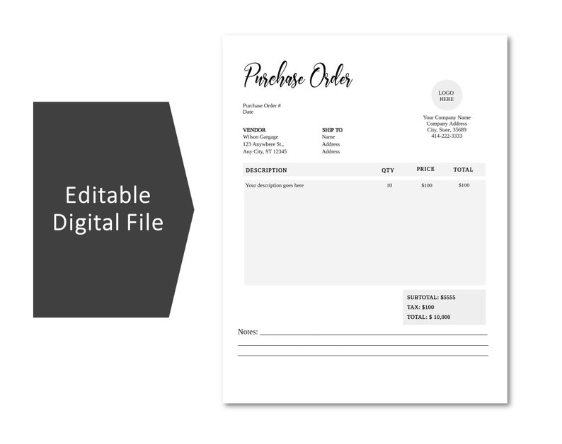 Editable Purchase Order Template: Professional Business Form (instant ...