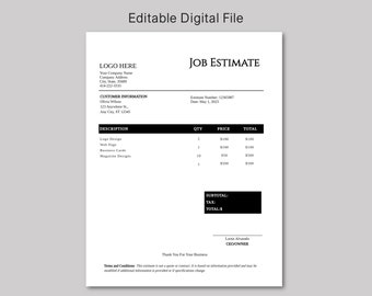 May include: A black and white job estimate form with the title "Job Estimate" and the text "Estimate Number: 12365987" and "Date: May 1, 2023". The form lists the description, quantity, price, and total for services such as logo design, web page, business cards, and magazine designs.