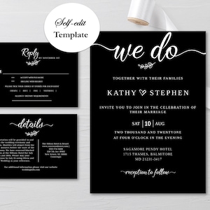 Black & White Wedding Invitation Template, Digital Wedding Invitation Template, Black Wedding Invitation Set, Wedding Invite, Size 5"x7"