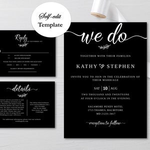 Modèle de faire-part de mariage noir et blanc, modèle numérique de faire-part de mariage, faire-part de mariage noir, faire-part de mariage, taille 5 x 7 po