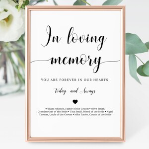 Puede incluir: Un cartel blanco con texto negro que dice "In loving memory. You are forever in our hearts. Today and Always." El cartel está en un marco de color rosa dorado y tiene un pequeño corazón negro en la parte inferior.