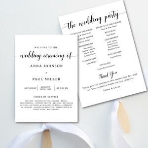 May include: A wedding ceremony programme with the names Anna Johnson and Paul Miller, the date 10th August 2020, and the time 2:00 PM. The programme lists the order of service, including the prelude, seating of the families, bridal processional, opening prayer, reading, exchange of vows, blessing and exchange of rings, ceremony of candles, signing of register, presentation of newlyweds, and recessional. The programme also includes a list of the wedding party, including the parents of the bride and groom, the maid of honour, bridesmaids, groomsmen, ring bearer, and officiant.