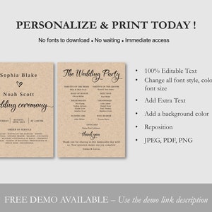 May include: A printable wedding ceremony program template with a rustic brown background. The template features the names "Sophia Blake" and "Noah Scott" along with the date "August 18th, 2023". The text "The Wedding Party" is also included, along with a list of wedding party members. The template is fully customizable and can be printed in JPEG, PDF, or PNG format.