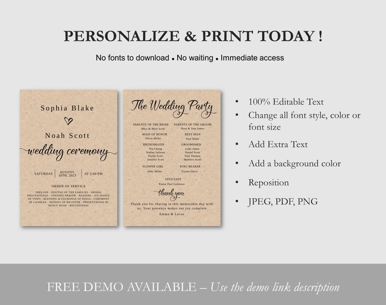 May include: A printable wedding ceremony program template with a rustic brown background. The template features the names "Sophia Blake" and "Noah Scott" along with the date "August 18th, 2023". The text "The Wedding Party" is also included, along with a list of wedding party members. The template is fully customizable and can be printed in JPEG, PDF, or PNG format.