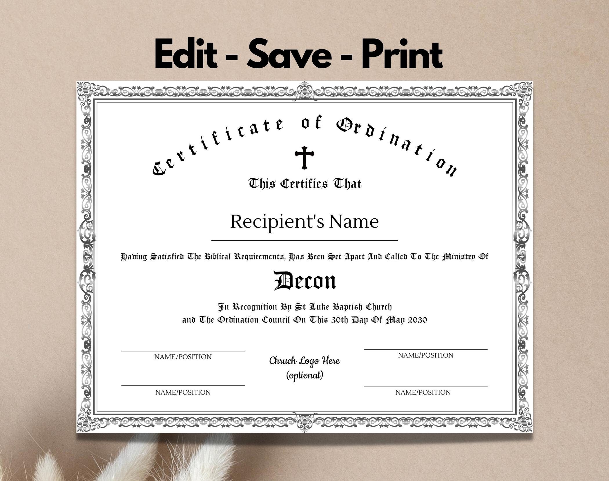 Editable Ordination Application Form Editable Certificate of Ordination Template (PDF, PPT) - Etsy