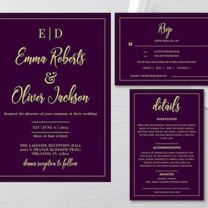 Eggplant Purple Wedding Invitation Template: Gold Calligraphy (Instant Download)