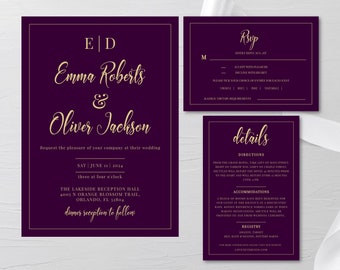 Eggplant Purple Wedding Invitation Template, Instant Download, Gold Wedding Invites, Rustic Wedding Invitation, Moody Formal Wedding Invites