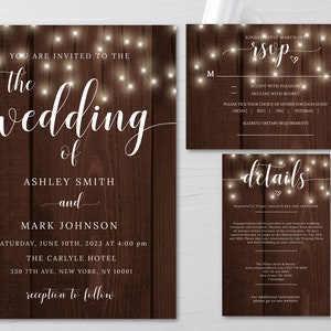 Modèle de faire-part de mariage en bois rustique, téléchargement immédiat, faire-part de mariage champêtre, guirlande lumineuse, guirlande lumineuse
