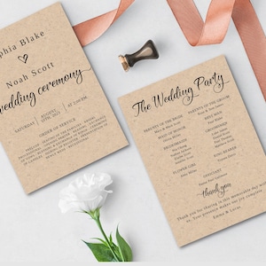 May include: A wedding ceremony order of service and wedding party list printed on brown paper. The ceremony is scheduled for Saturday, 10th August 2023 at 2:00 PM. The wedding party list includes the names of the parents of the bride and groom, the maid of honour, bridesmaids, groomsmen, best man, ring bearer, and officiant.