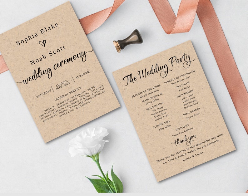 May include: A wedding ceremony order of service and wedding party list printed on brown paper. The ceremony is scheduled for Saturday, August 10th, 2023 at 2:00 PM. The wedding party list includes the names of the parents of the bride and groom, the maid of honor, bridesmaids, groomsmen, best man, ring bearer, and officiant.