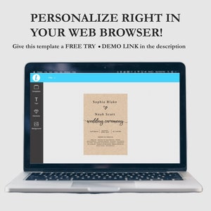 May include: A laptop computer screen displaying a wedding invitation template with the text "Sophia Blake & Noah Scott wedding ceremony". The template is on a brown background and has a heart symbol between the names.