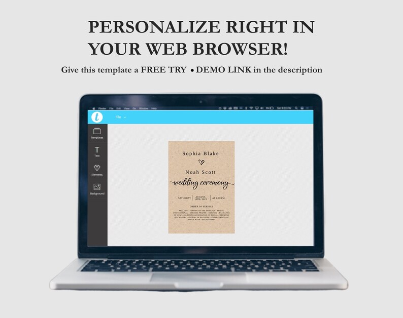 May include: A laptop computer screen displaying a wedding invitation template with the text "Sophia Blake & Noah Scott wedding ceremony". The template is on a brown background and has a heart symbol between the names.
