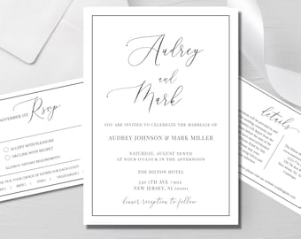 Simple Wedding Invitation Template Instant Download, Minimalist Wedding Invites, Rsvp Card, Detail Card, Editable Wedding Template, E400