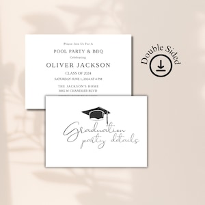 Könnte beinhalten: Eine schwarz-weiße Einladung zu einer Abschlussfeier mit einem Hut-Symbol und dem Text "Graduation party details". Auf der Rückseite der Einladung steht "Please Join Us For A Pool Party & BBQ Celebrating Oliver Jackson Class of 2024 Saturday June 1, 2024 at 4 PM The Jackson's Home 3065 W Chandler Blvd".