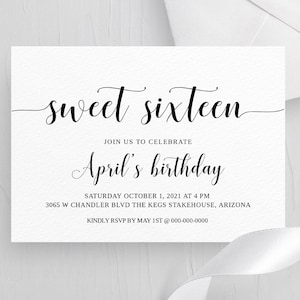 Sweet 16 Birthday Invitation: Editable Calligraphy Template (Digital Download)