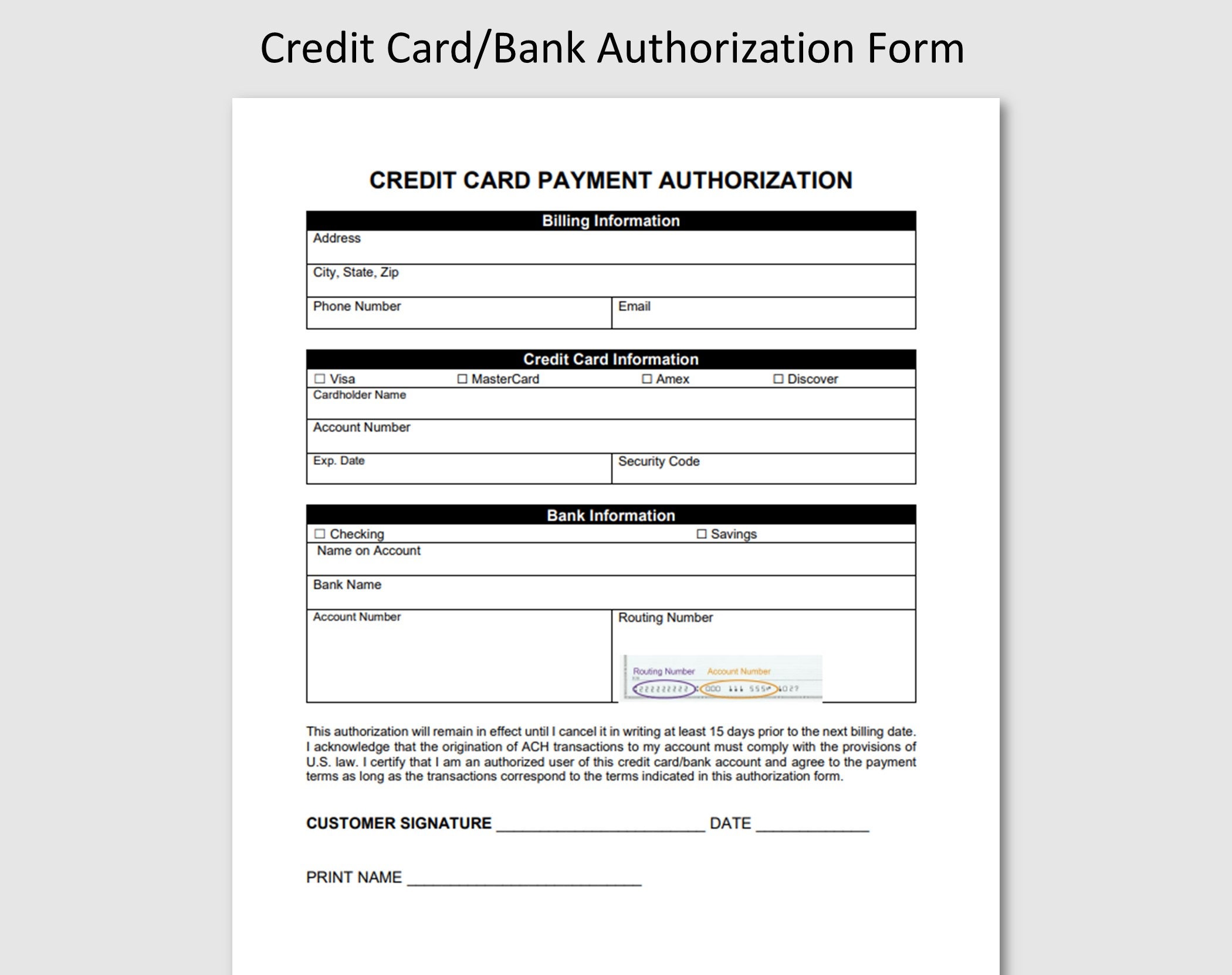 Credit Card Authorization Form PDF Word Doc Google Docs - Etsy