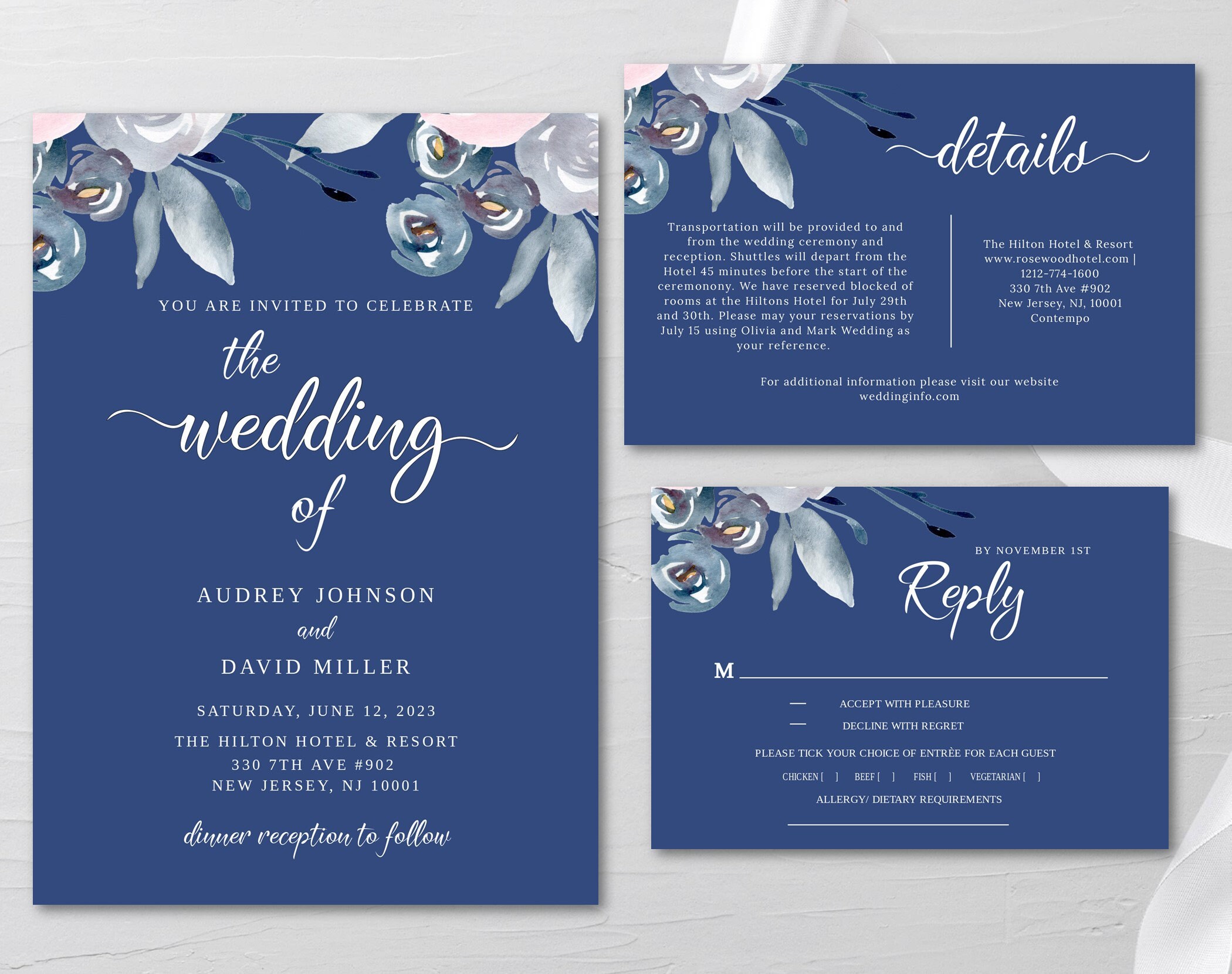Navy Blue Wedding Invitation Template Download With RSVP - Etsy