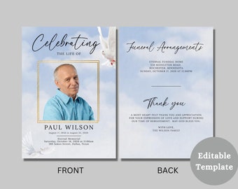 Blue Funeral Program Template: Editable , Celebration of Life (Digital Download)