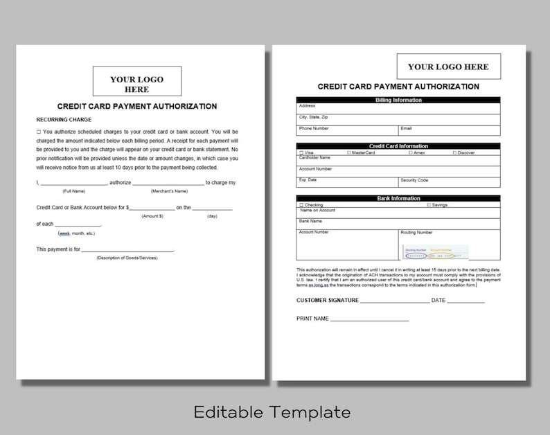 Credit Card Payment Authorization Form Template (digital Download) - Etsy