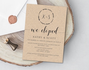 May include: A rustic brown wedding announcement card with the text "we eloped" in elegant cursive script. The card features a wreath with the initials "K+S" and details the couple's names, wedding date, and reception information.