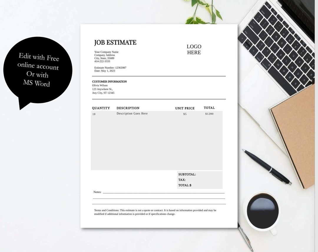 Estimate Doc Editable Job Estimate Template, Contractor Estimate, Printable Custom ...