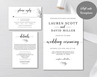 Editable Wedding Invitation Set: Details Cards, RSVP Cards (Digital Download)
