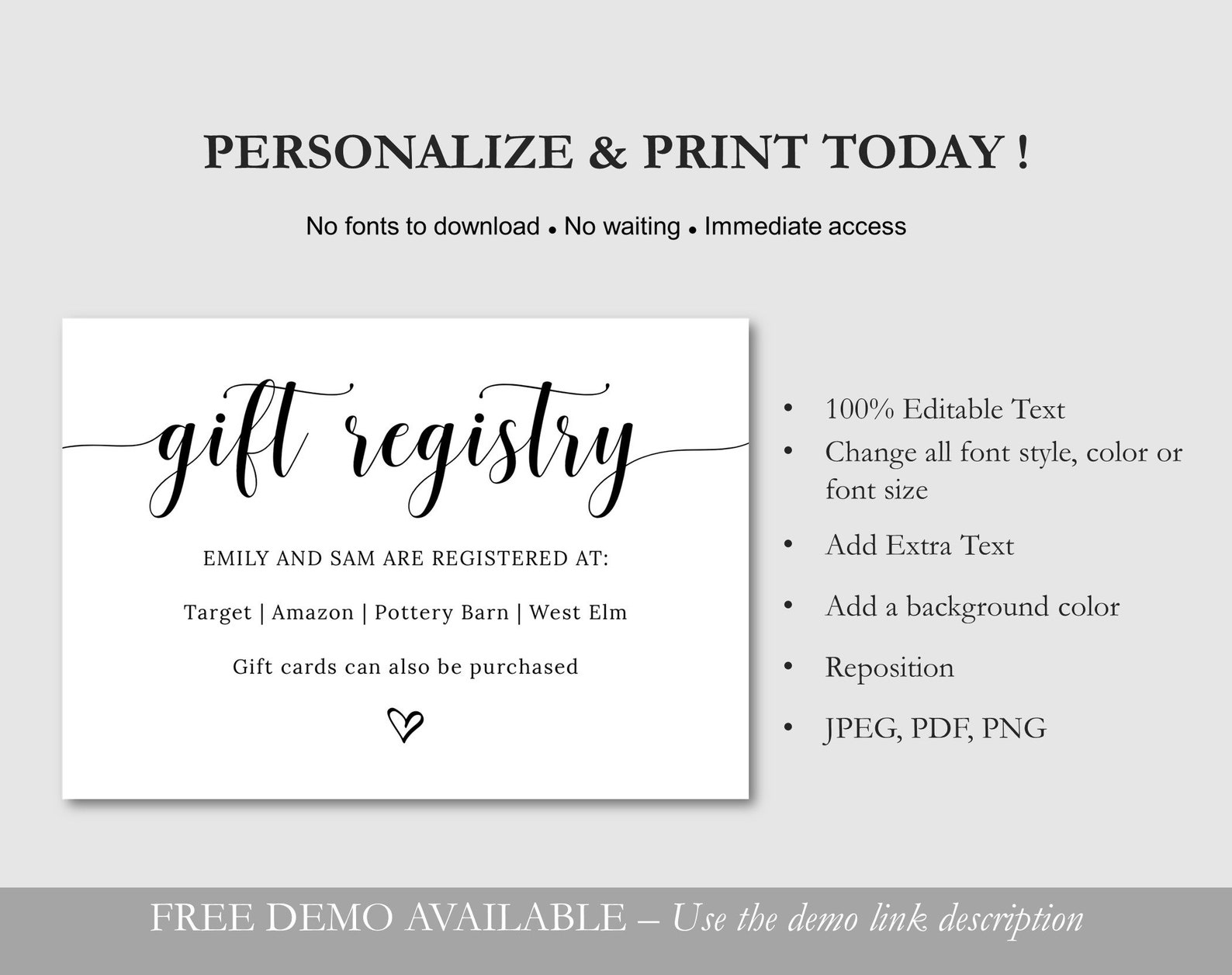 Wedding Registry Card Template, Gift Registry Card, INSTANT Download