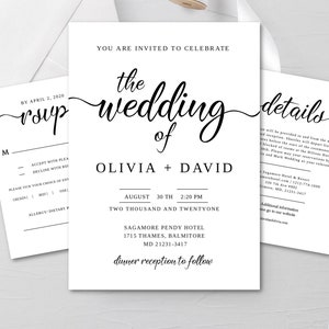 Elegant Calligraphy Wedding Invitation Suite Template (Digital Download, Editable RSVP & Details Cards)