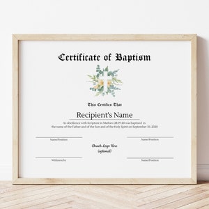Plantilla de certificado de bautismo imprimible y editable, descarga digital, diseño de certificado rellenable, certificado de iglesia, certificado PDF para adultos
