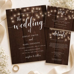 Rustic Wedding Invitation Template: Wood & Fairy Lights (Digital Download)