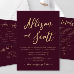 Burgundy Gold Wedding Invitation Template, Instant Download, Burgundy Gold Wedding, Calligraphy, Gold Print, DIY, Burgundy Wedding