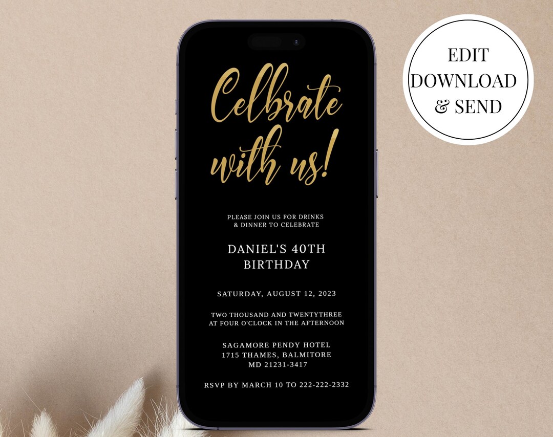 Gold Foil Party Evite Template: Editable Text Message Invite (digital ...