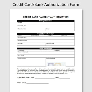 Formulaire d'autorisation de carte de crédit, PDF, Word Doc, Google Docs, facturation par carte de crédit, comptes clients, téléchargement immédiat, formulaire de réception des clients