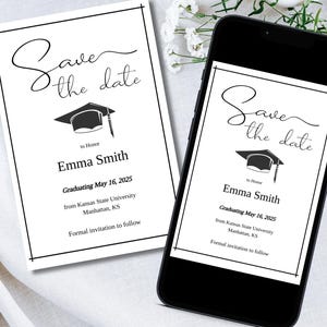 Einfache Abschlussfeier Save The Date Vorlage, Klasse von 2025 Abschlussfeier Text, Graduierung Ankündigung Karte druckbar, Evite Telefon-Einladung