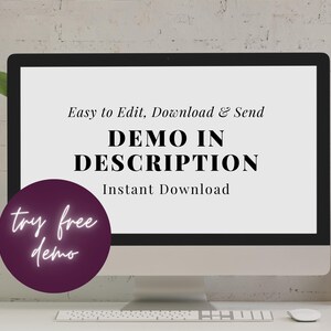 Op de afbeelding: Een computerscherm met de tekst "Easy to Edit, Download & Send DEMO IN DESCRIPTION Instant Download" met een paarse cirkel met de tekst "try free demo" in wit.