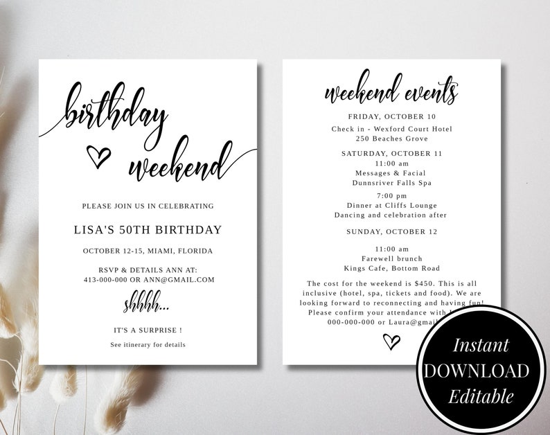 Op de afbeelding: Een zwart-witte printbare uitnodiging voor een verjaardagsweekend. De uitnodiging bevat de tekst "birthday weekend" met een hartje en de tekst "Lisa's 50th Birthday" met de datum "October 12-15, Miami, Florida". De uitnodiging bevat ook contactgegevens voor RSVP en details. De uitnodiging is voor een weekend evenement met een lijst van activiteiten voor elke dag, waaronder een gezichtsbehandeling, diner, dansen en brunch.